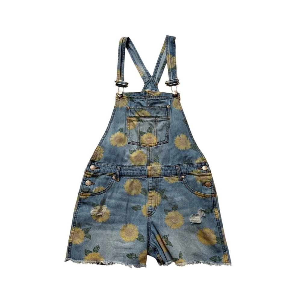 Jordache Sunflower Print Distressed 100% Cotton Denim Shortalls XL 14-16